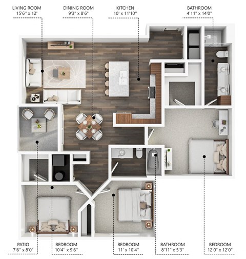 Floor plan for 3 beds, 2 baths, 1265 sqft